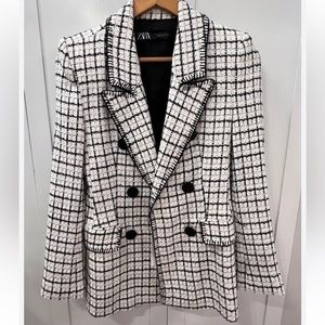 ZARA Textured Checkered Tweed Blazer
